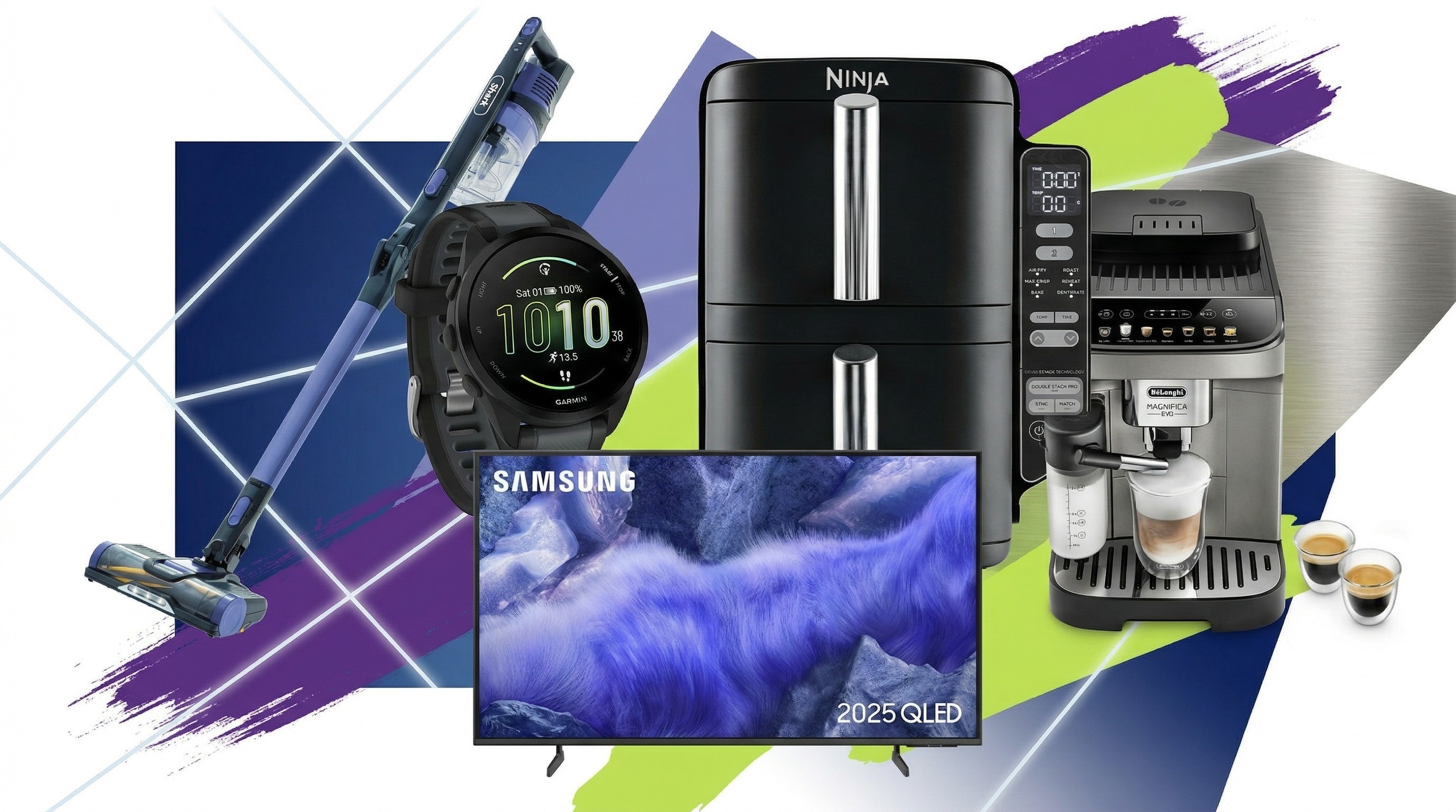 Collage of tech deals from the Argos Big Red Sale, including a Ninja air fryer, Garmin smartwatch, Shark vacuum, Samsung TV, and Delonghi coffee maker