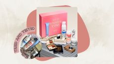 Image of No7 Your Summer Icons Beauty Box on a grey suitcase with its contents in front of it, circular tried and tested image of its contents, pink tried and tested banner, on a beige background 