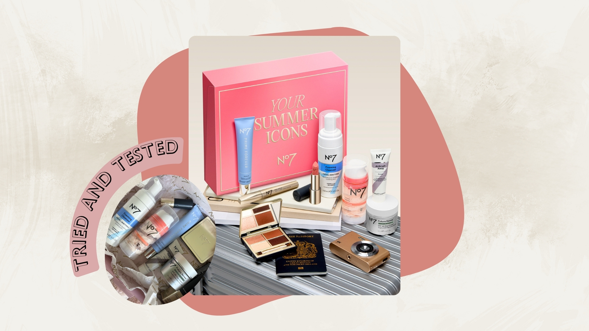 Image of No7 Your Summer Icons Beauty Box on a grey suitcase with its contents in front of it, circular tried and tested image of its contents, pink tried and tested banner, on a beige background 