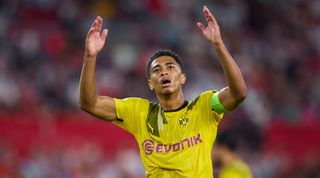 Borussia Dortmund midfielder reacts with his arms raised during the UEFA Champions League match between Sevilla and Borussia Dortmund on 5 October, 2022 at the Ramon Sanchez-Pizjuan, Seville, Spain
