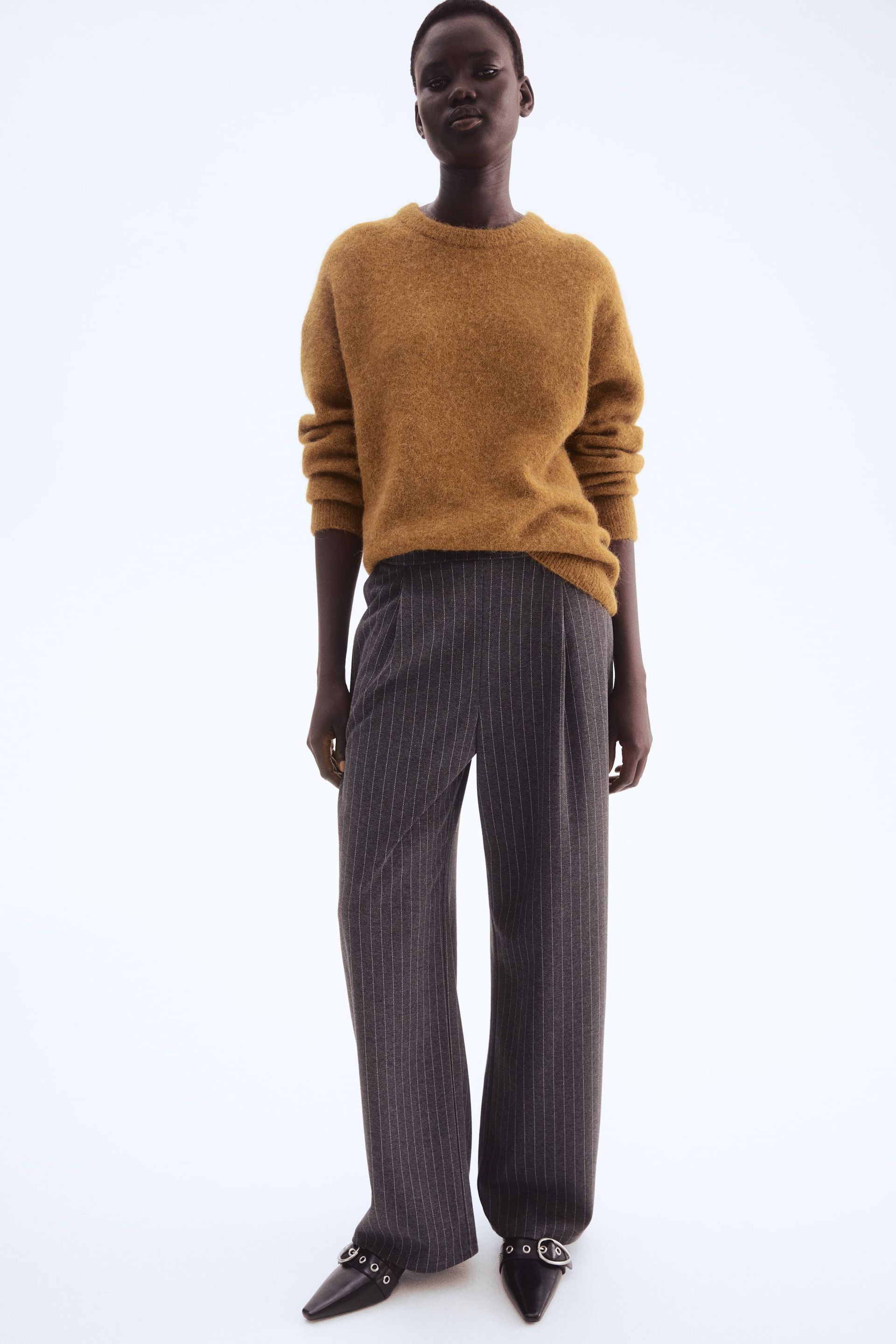 Wide-Leg Pants - Dark Gray Melange/pinstriped