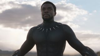 Chadwick Boseman as T'Challa in Black Panther wearing the suit.