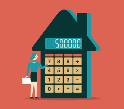 Illustration of woman typing on a large house-shaped calculator
