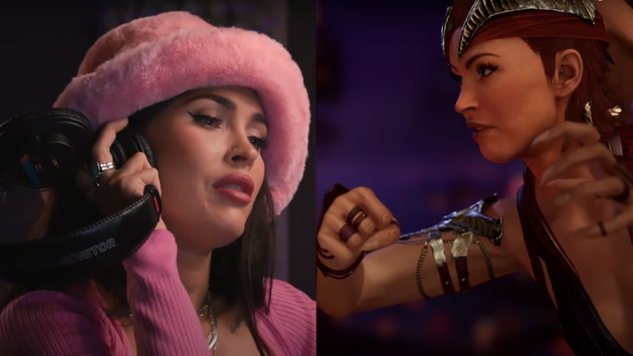 Megan Fox recording her voice for Nitara, while pictured next to her Mortal Kombat 1 character in game.