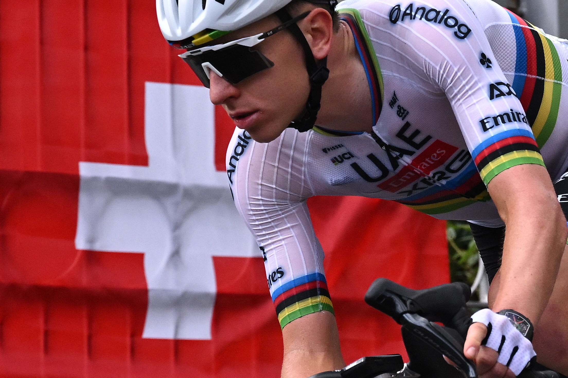 Slovenia's rider Tadej Pogacar of team UAE Emirates - XRG competes in the first stage of the Men's Tour of Switzerland (Tour de Suisse) cycling race, in Sondrio, Italy, on June 17, 2026. (Photo by Marco BERTORELLO / AFP)