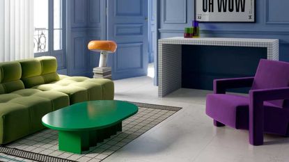 a living room filled with colorful furniture