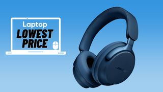 Bose QuietComfort Ultra wireless headphones in blue colorway against blue gradient background