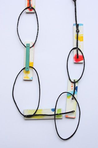 Necklace in steel, wood, aluminium, paper, rope, paint and silver