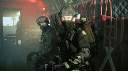 Battlefield Redsec two player characters looking out of helicopter ramp