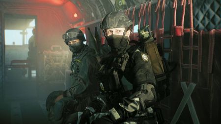 Battlefield Redsec two player characters looking out of helicopter ramp