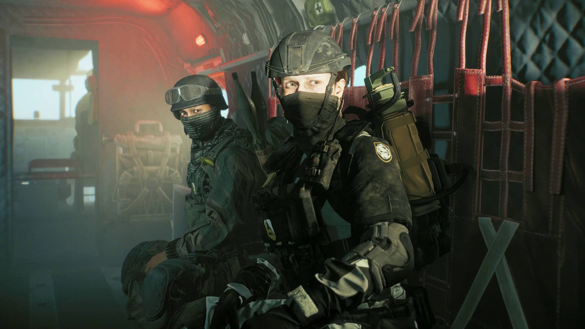 Battlefield Redsec two player characters looking out of helicopter ramp