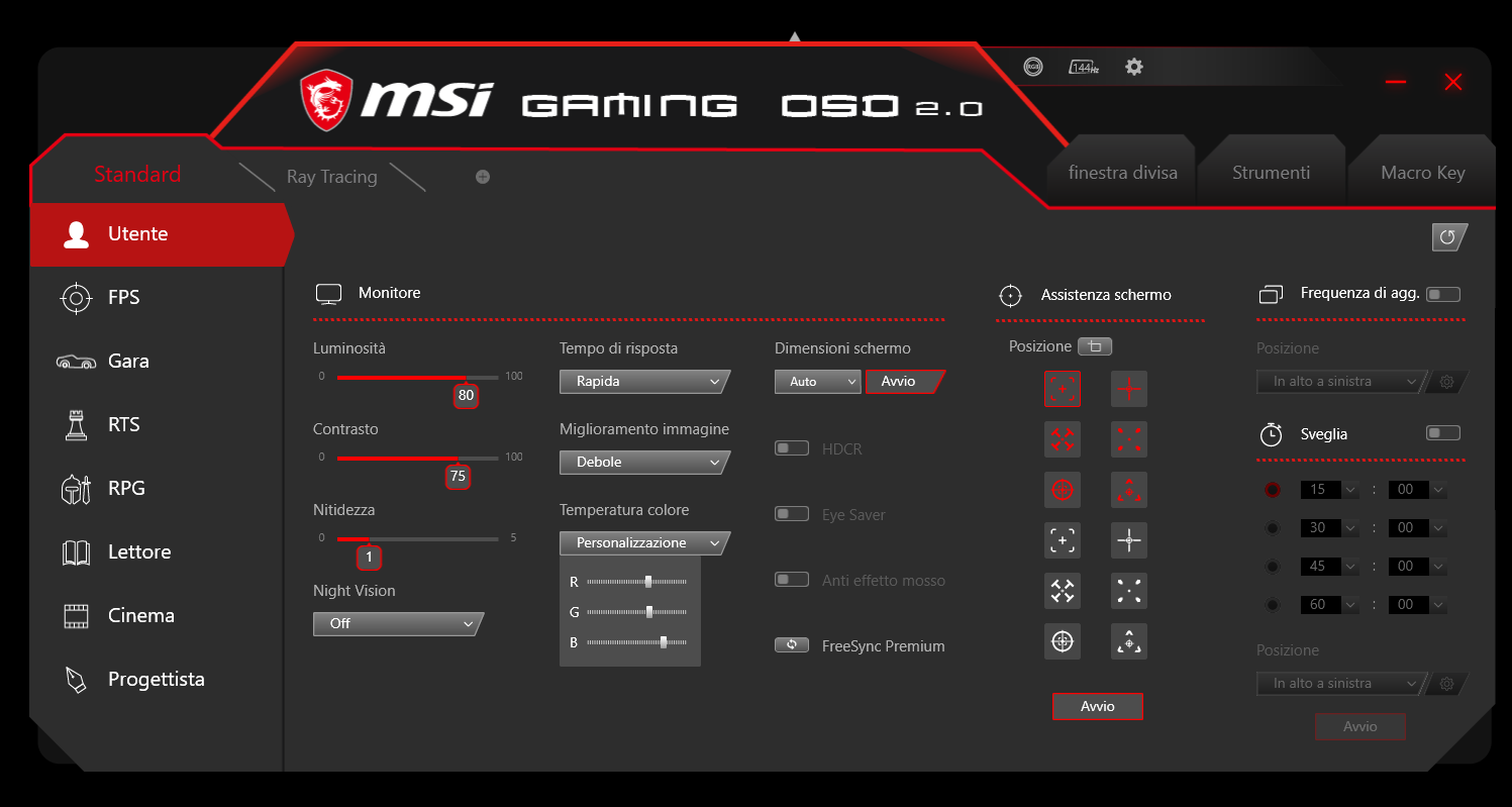 Il menù dell'applicazione Gaming OSD mette a disposizione un grande numero di funzionalità, tutte facilmente accessibili