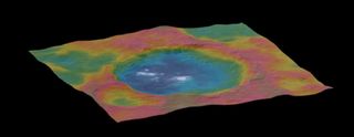 An image taken by the Dawn spacecraft shows the topology of Occator crater, where a mysterious, highly reflective substance lies.