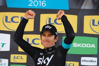 Geraint Thomas celebrates on the podium after he won the 74th edition of the Paris-Nice