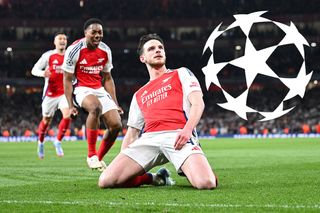 Declan Rice, with the Champions League logo next to him