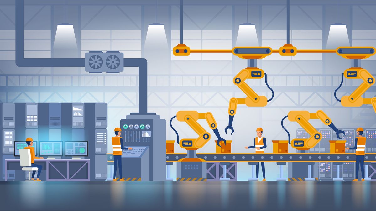 A cartoon depiction of a smart factory floor to symbolise operational technology