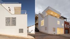 exterior aspects of Casa M, one in daytime and one at dusk