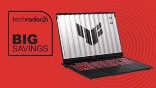 The Asus TUF A16 gaming laptop on a red background with a TechRadar deals badge reading 'BIG SAVINGS'.