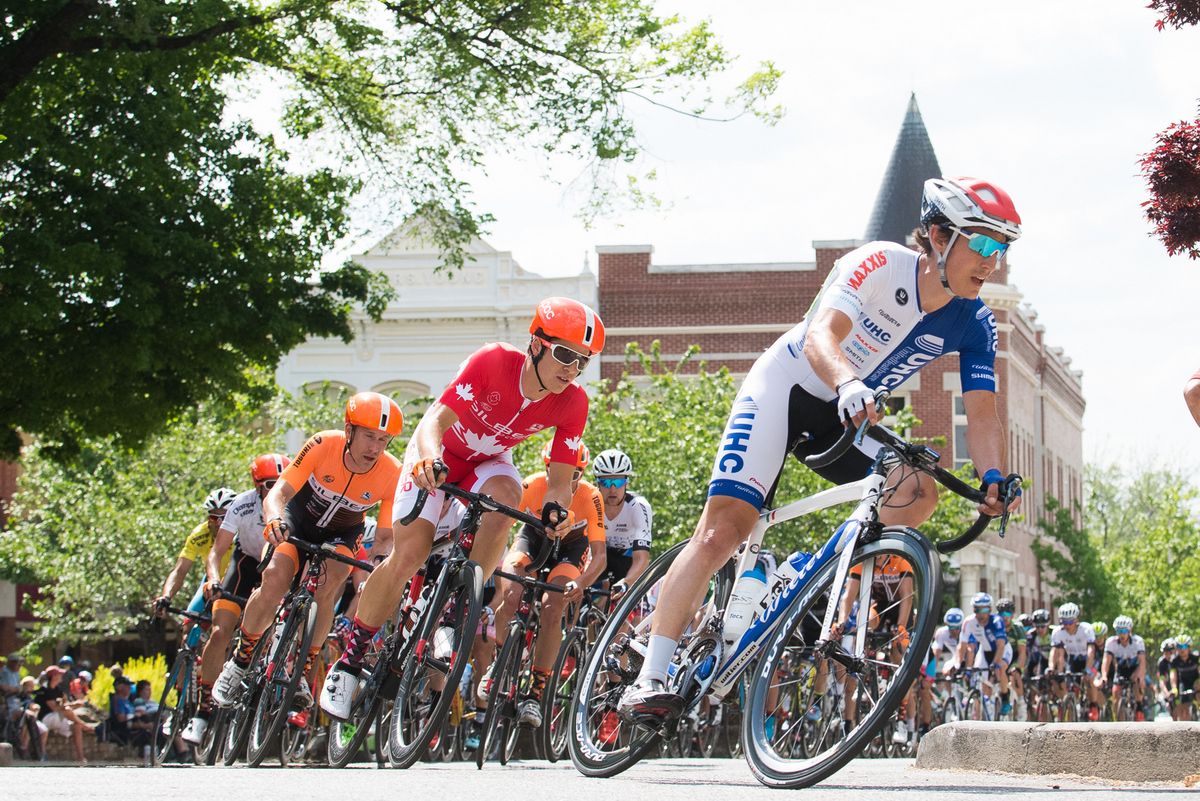 Benjamin Perry (Silber Pro Cycling) in the red skin suit of Canadian national champion