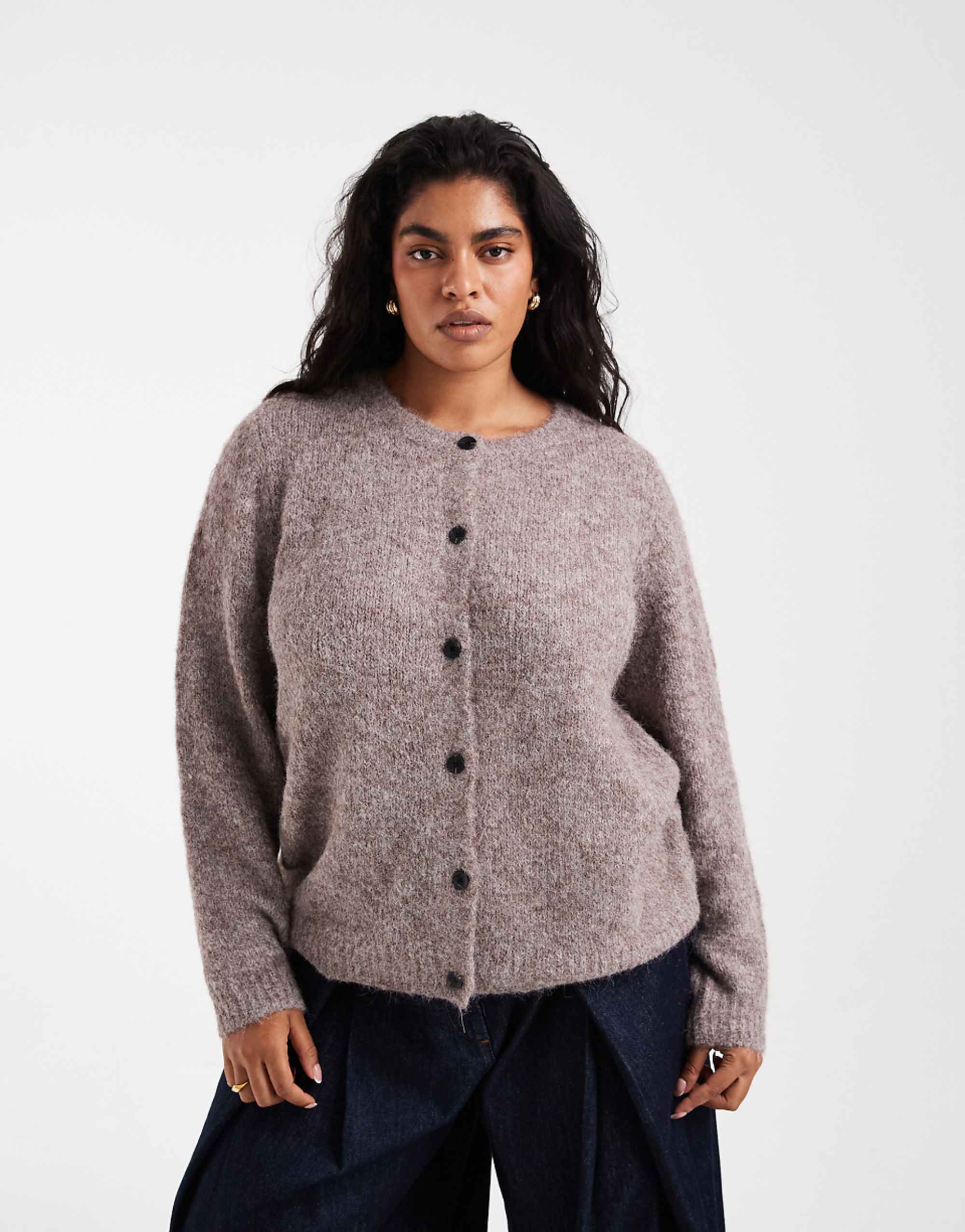 Vero Moda Curve Soft Fluffy Knit O-Neck Cardigan in Fossil Melange