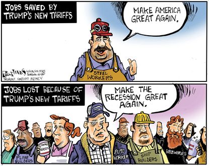 Political cartoon U.S. Trump trade war tariffs steel industry jobs