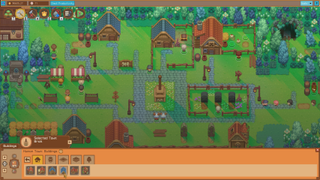 A verdant green town, with the UI showing options to place objects down at the bottom.