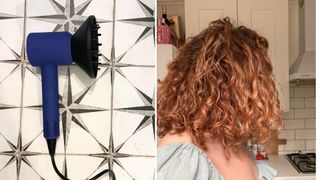A shot of the Dyson Supersonic Hair Dryer alongside a shot of Senior Beauty Editor Rhiannon Derbyshire's hair after using it