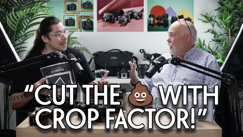 James Artaius and Chris George on episode 7 of the Bokeh Face podcast, with the text "Cut the 💩 with crop factor!"