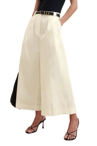 Pleated Wide-Leg Crop Poplin Pant