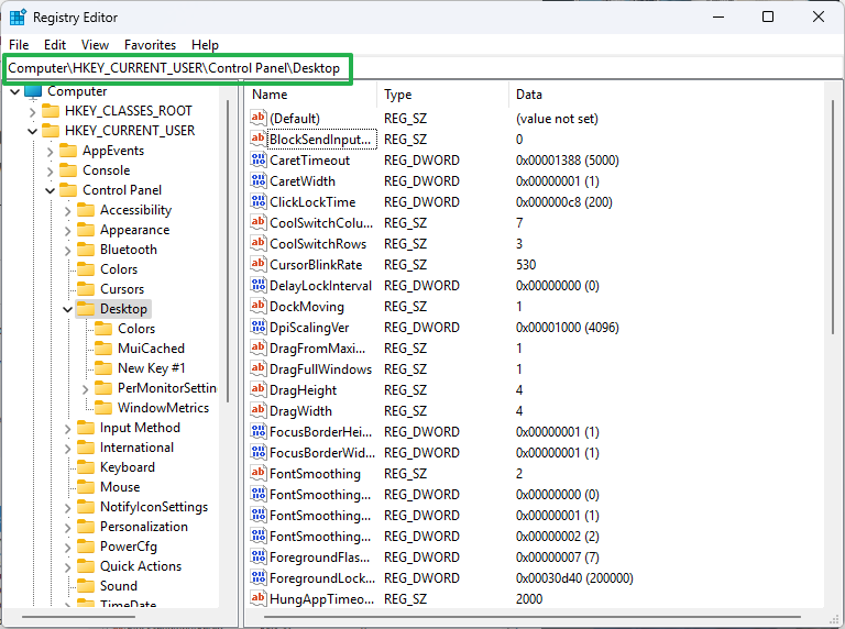 navigate to HKCU Control Panel Desktop
