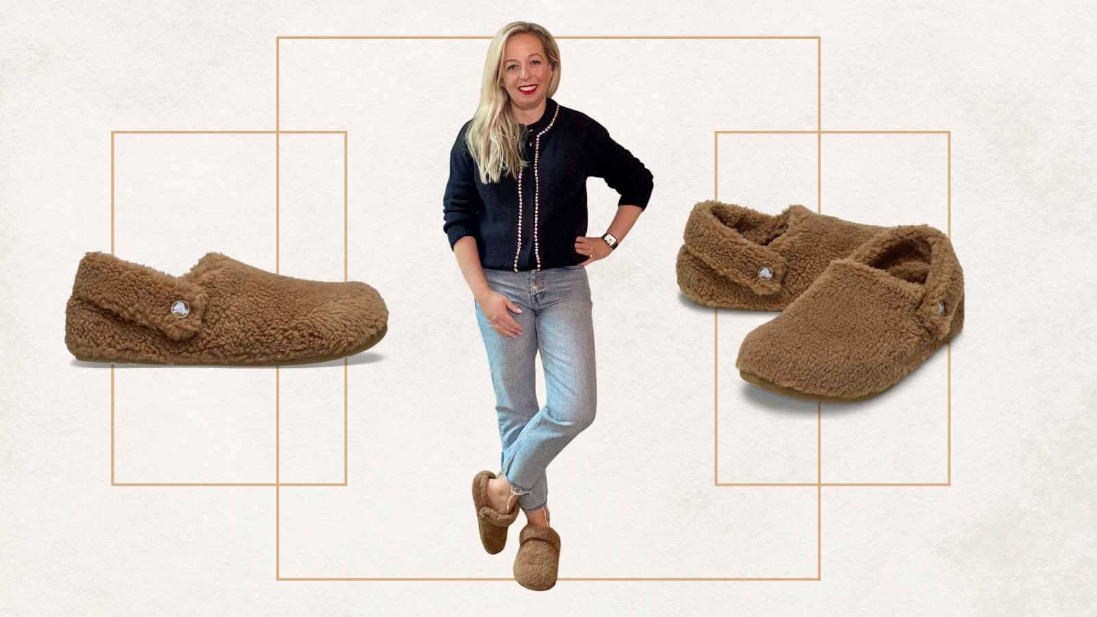 composite of Antonia Kraskowski wearing crocs cozzzy slippers and cut outs of the slippers