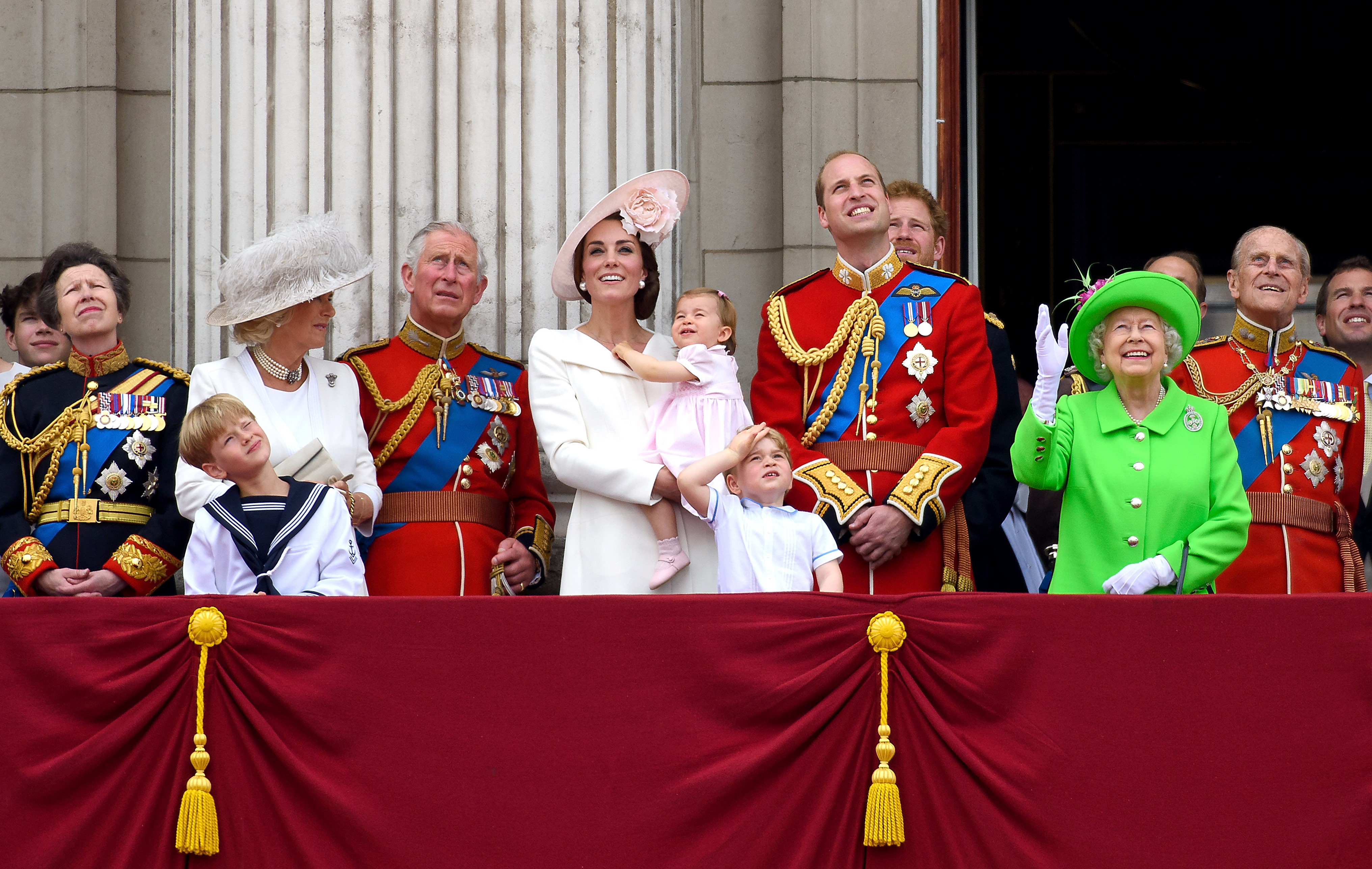 Queen Elizabeth and members of the Royal Family standing on the Buckingham Palace balcony during Trooping the Colour