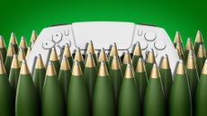 Illustration of a video game controller surrounded by artillery shells