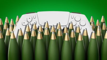 Illustration of a video game controller surrounded by artillery shells