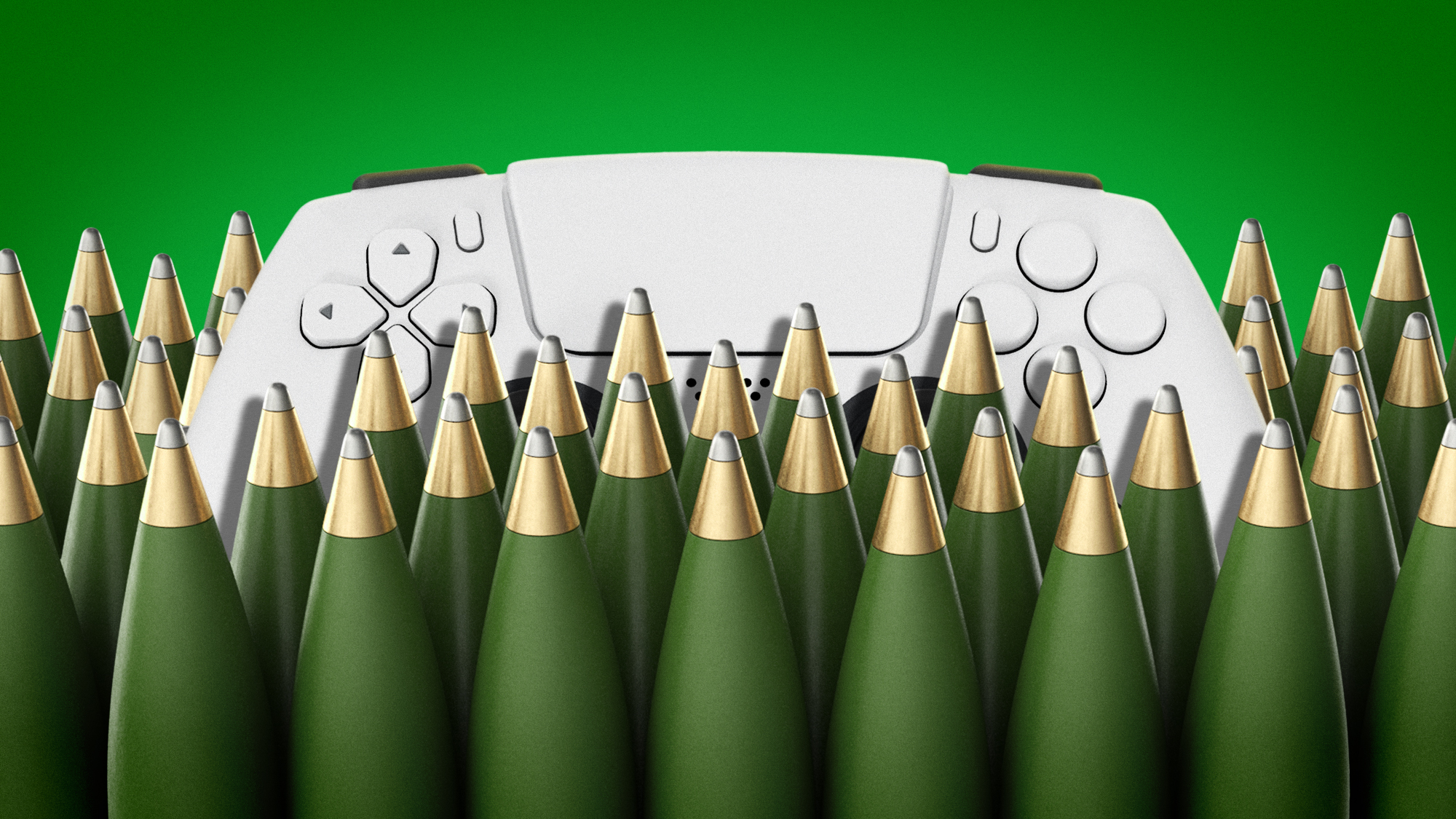 Illustration of a video game controller surrounded by artillery shells