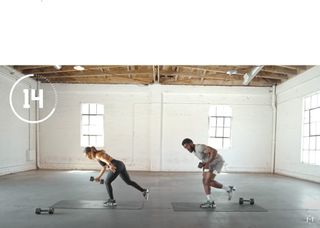 Image of Juice and Toya performinga lunge holding a dumbbell in each hand in a warehouse