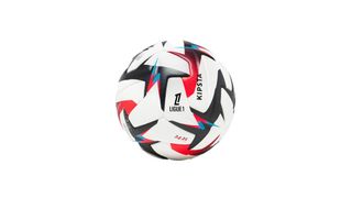 A white football with sharp black, red and blue patterns has 'Ligue 1' and 'Kipsta' written on it.