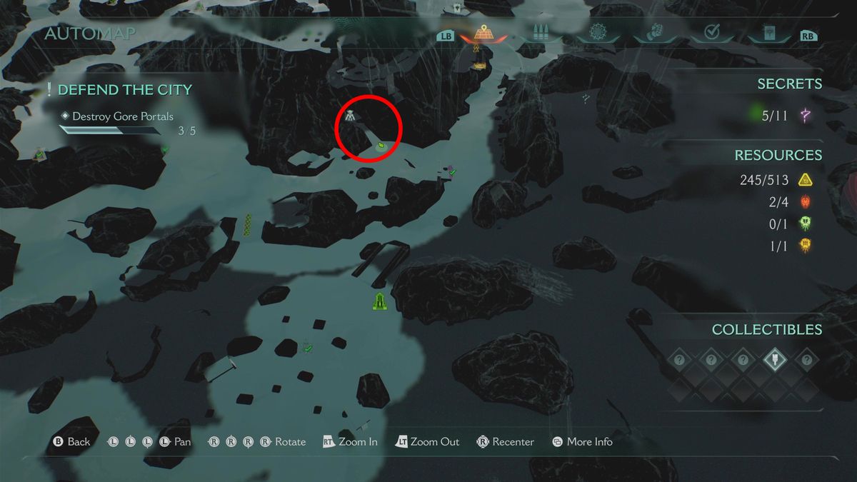 Doom: The Dark Ages Siege Part 1 secrets - A map showing the location of the Slayer toy in a cave near the middle of the map.