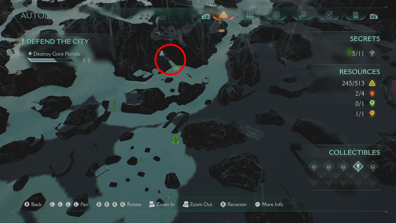 Doom: The Dark Ages Siege Part 1 secrets - A map showing the location of the Slayer toy in a cave near the middle of the map.