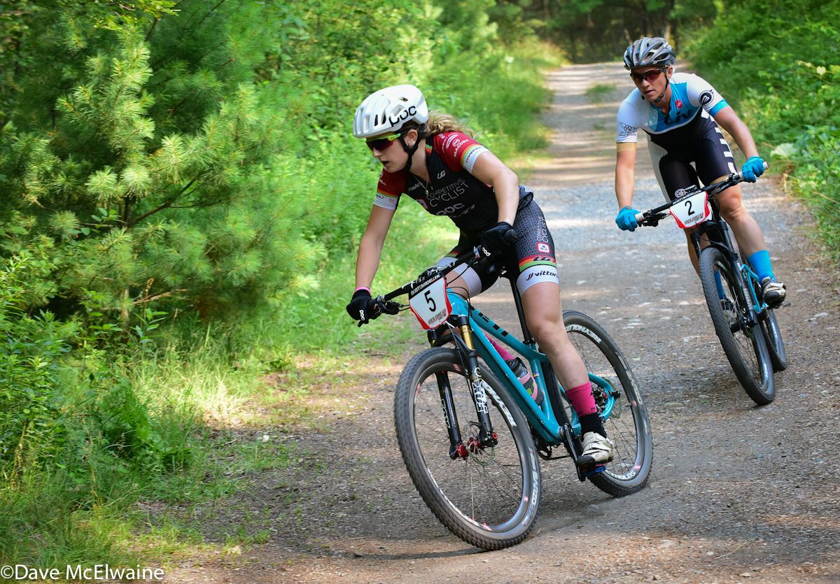 Kristine Contento-Angeli (MTBNJ) leading Megan Chinburg during lap two