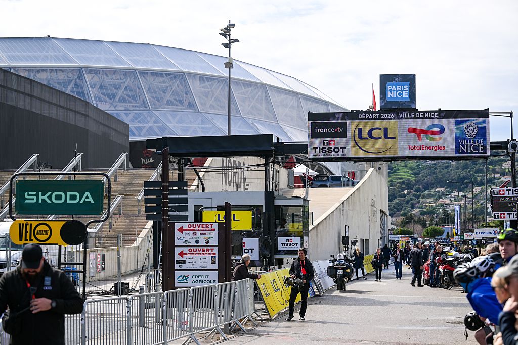 The start area pictured before the start of the final stage of 84th edition of the Paris-Nice cycling race, a race from Nice to Nice (145 km), on Sunday 15 March 2026. BELGA PHOTO DAVID PINTENS (Photo by DAVID PINTENS / BELGA MAG / Belga via AFP)