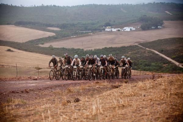 Leaders make their way through the muddy farmlands during stage 5 of the 2012 Absa Cape Epic Mountain Bike stage race from the Overberg Primary