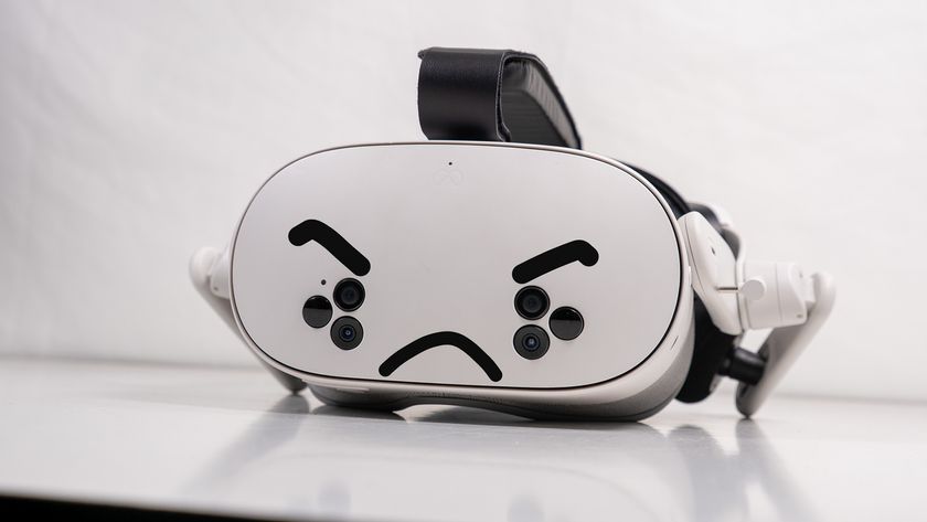 A Meta Quest 3S headset with an angry face drawn on it