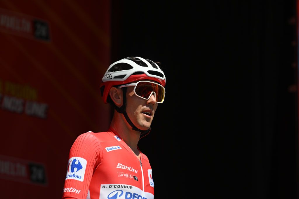 ARCHIDONA SPAIN AUGUST 23 Ben OConnor of Australia and Team Decathlon AG2R La Mondiale Red Leader Jersey prior to the La Vuelta 79th Tour of Spain 2024 Stage 7 a 1805km stage from Archidona to Cordoba UCIWT on August 23 2024 in Archidona Spain Photo by Dario BelingheriGetty Images