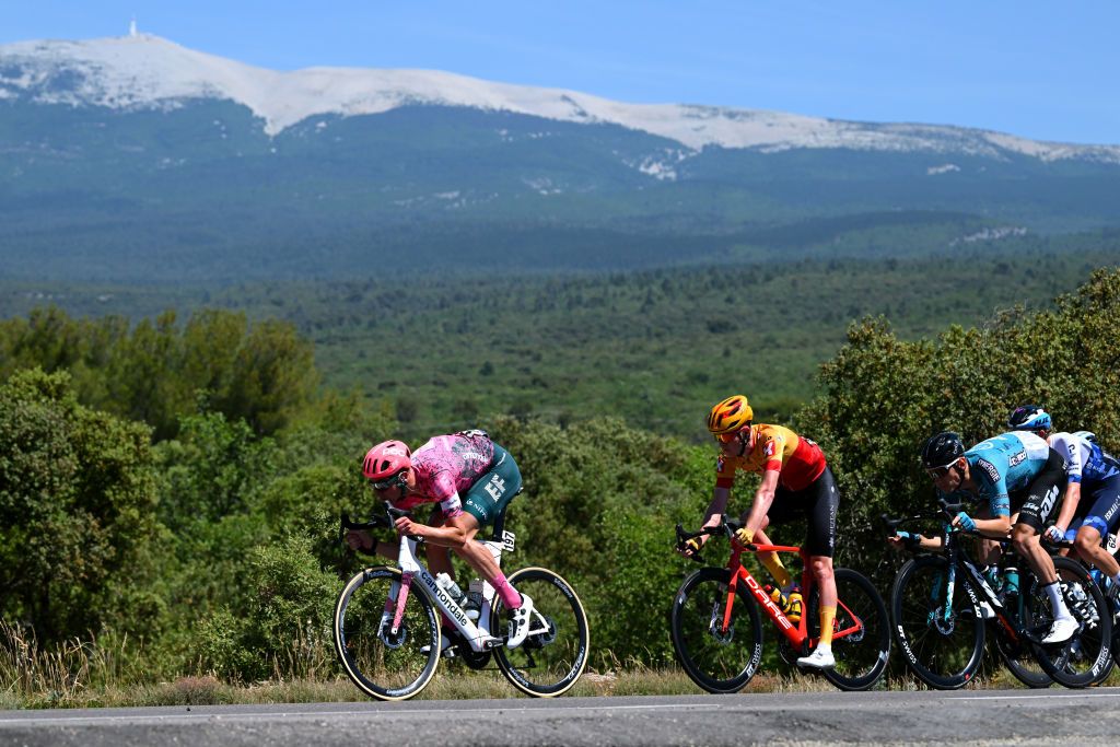 MONT VENTOUX FRANCE JUNE 14 Lukasz Wisniowski of Poland and Team EF Education Easypost L competes with the Mont Ventoux in the background during the 4th Mont Ventoux Denivele Challenge 2022 a 153km one day race from VaisonlaRomaine to Mont Ventoux 1893m MVDC on June 14 2022 in Mont Ventoux France Photo by Dario BelingheriGetty Images