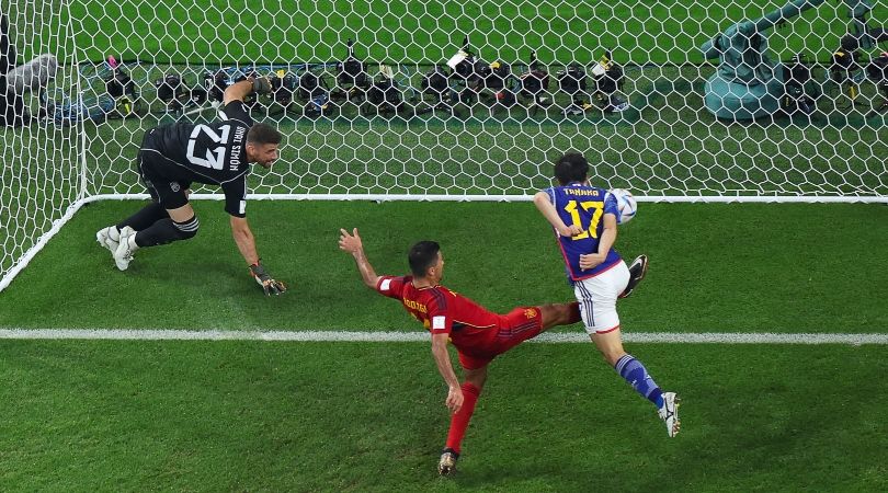 Japan score a second goal against Spain in the teams&#039; World Cup game in Qatar.