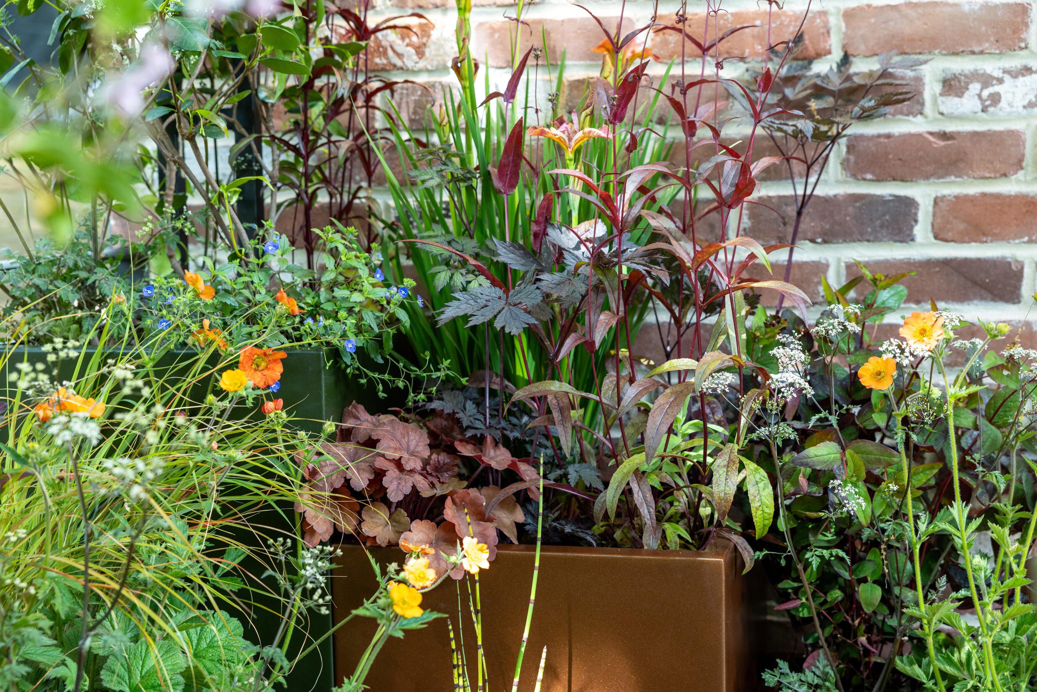 Images and details showing the planting and structure of the transient garden. Lots of brick, leafy greens and brushed metal