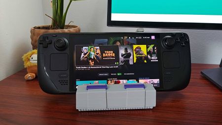 Gulikit Steam Deck dock with Steam Deck OLED sitting on cradle.