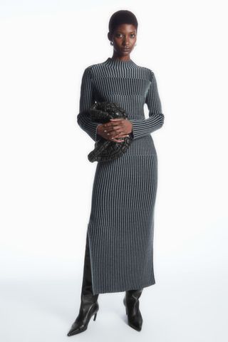 Striped Ribbed-Knit Midi Dress