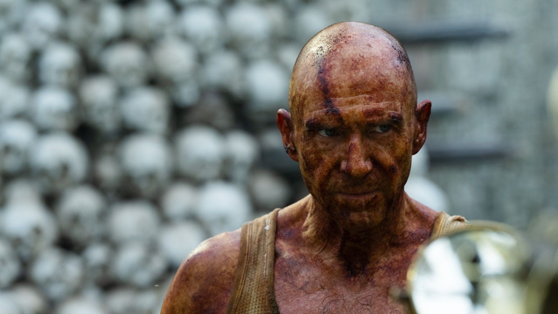 Ralp Fiennes standing in front of a wall of skulls in 28 Years Later covered in grime and muck 